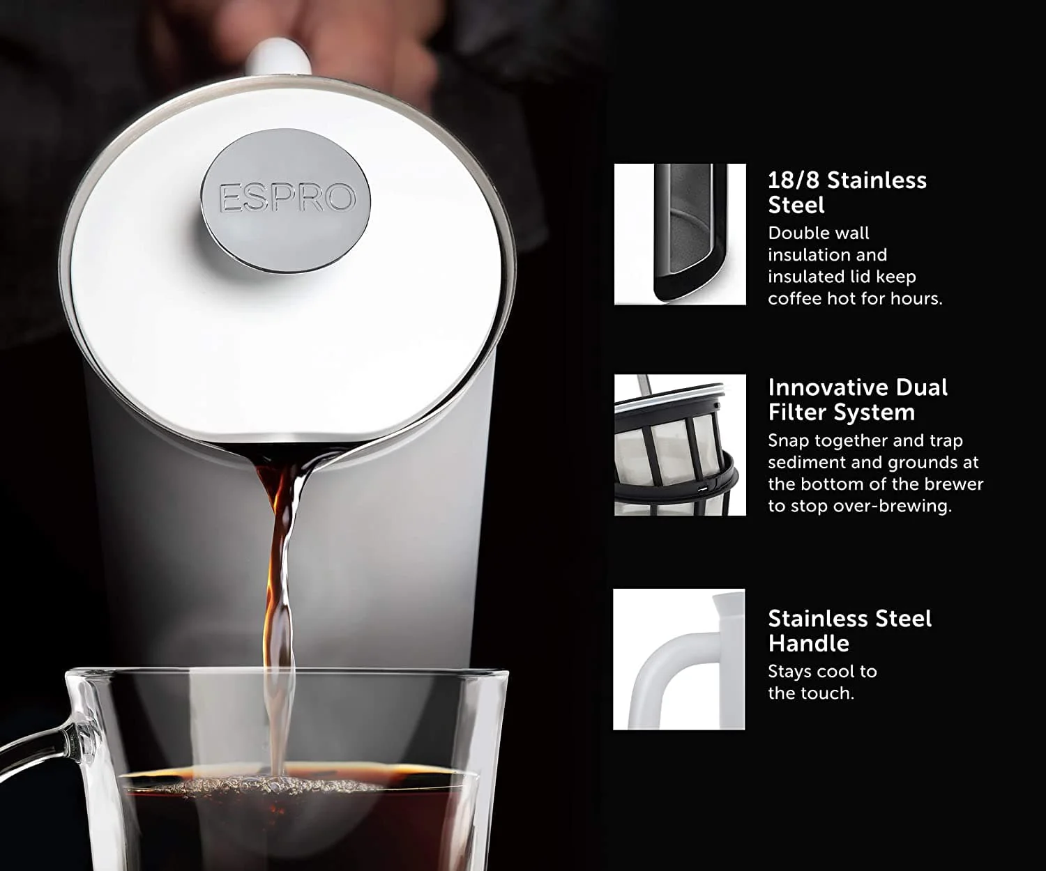 Espro P7 - Stainless Steel, Double Wall, White, 32 oz. (EXCLUSIVE: Free Coffee Stir Paddle) - Image 3